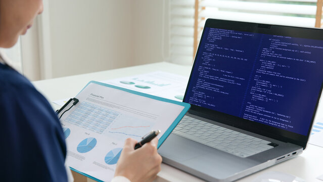 Smart AI cyber bot deep tech tools help write BI prompt code screen. Asia people asian IT woman typing busy work on predict big data mining center office reskill upskill STEM expert skill job course.