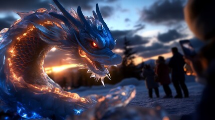 Glowing ice dragon sculpture at sunset, with onlookers.