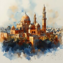 A painting of a city with a large building in the center