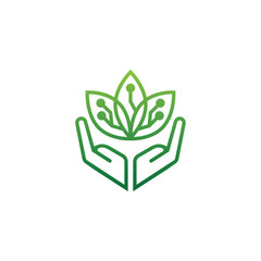 Leaf and Hand with electric circuit for agricultural technology logo design