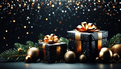 Zwei elegant verpackte Geschenke mit schwarzem Papier und goldenen Schleifen, umgeben von Tannenzweigen, goldenen Kugeln und funkelnden Lichtpunkten. Festliche Magie. Generative KI.