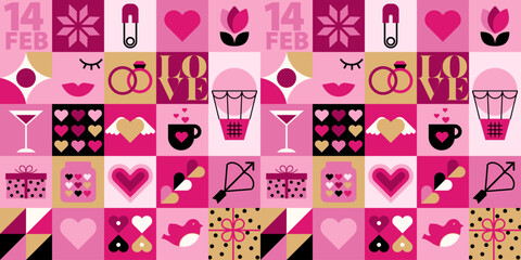 Valentine's day love seamless pattern with hearts and minimalist geometric elements. Background in modern trendy style. Flat vector illustration.