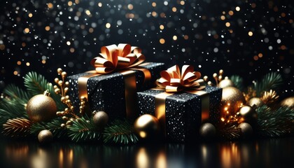 Zwei elegant verpackte Geschenke mit schwarzem Papier und goldenen Schleifen, umgeben von Tannenzweigen, goldenen Kugeln und funkelnden Lichtpunkten. Festliche Magie. Generative KI.