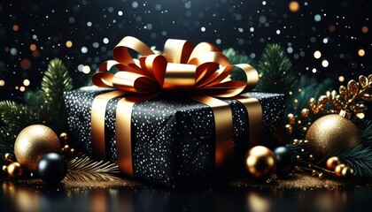 Ein edel verpacktes Geschenk mit schwarzem Papier und goldener Schleife, umgeben von Weihnachtskugeln, Tannenzweigen und funkelndem Licht. Festliche Eleganz. Textfreiraum. Generative KI.
