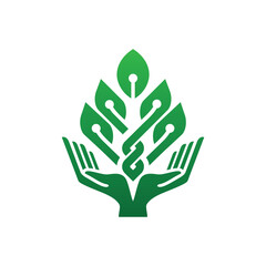 Leaf and Hand with electric circuit for agricultural technology logo design