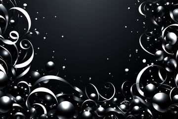 Ein schwarzer Hintergrund mit silbernen Bändern und Kugeln, der oben einen großzügigen Textfreiraum bietet – perfekt für moderne Designs oder Grußbotschaften. Generative KI.