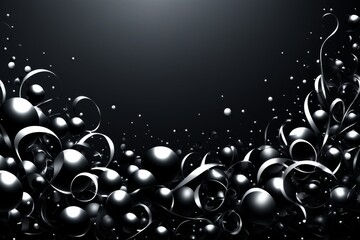 Ein schwarzer Hintergrund mit silbernen Bändern und Kugeln, der oben einen großzügigen Textfreiraum bietet – perfekt für moderne Designs oder Grußbotschaften. Generative KI.