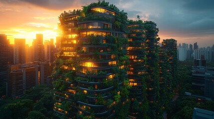 Obraz premium Sustainable urban living green architecture city skyline photographic landscape sunset environment aerial view