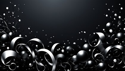 Ein schwarzer Hintergrund mit silbernen Bändern und Kugeln, der oben einen großzügigen Textfreiraum bietet – perfekt für moderne Designs oder Grußbotschaften. Generative KI.