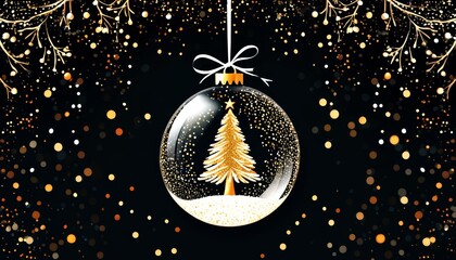Eine gläserne Weihnachtskugel mit goldenem Tannenbaum, umgeben von schimmernden Lichtpunkten auf schwarzem Hintergrund. Eleganz und Festlichkeit. Generative KI.