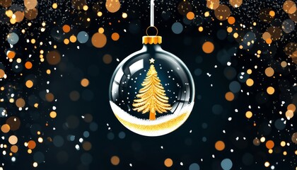 Eine gläserne Weihnachtskugel mit goldenem Tannenbaum, umgeben von schimmernden Lichtpunkten auf schwarzem Hintergrund. Eleganz und Festlichkeit. Generative KI.