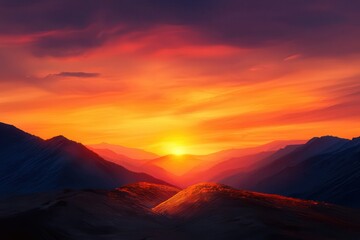 Vibrant sunset over mountains with colorful skies and soft clouds.