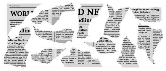 A retro collage of torn newspaper clippings with grunge textures, headlines, and abstract text. Ideal for creating decorative media inspired designs or posters with an old newspaper aesthetic