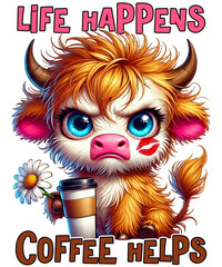 Grumpy highland cow with coffee cup and sarcastic quote
