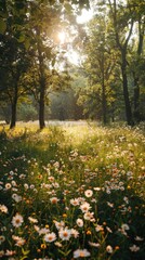 Obraz premium Sunlight Filtering Through Lush Verdant Forest Canopy Onto Blooming Meadow with White Daisies and Tall Grass Under Peaceful Serene Atmosphere
