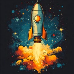 A colorful drawing of a rocket blasting off into space