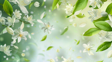 copy space background with white jasmine flowers and falling leaves in the air, design for product display or advertising.