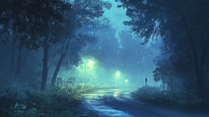 Obraz premium A tranquil, misty road at night, with streetlights radiating soft blue and green hues, blending beautifully into the fog