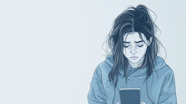 Landscape aspect illustration of a tired teenaged girl or young woman staring at her phone, looking worried and serious, with copy space for text. Aspect ratio 16:9