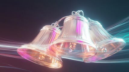 Enchanting 3D Render of Vibrant Christmas Bells with Animated Jingles and Dynamic Light Trails on Isolated Dark Background - Festive Cinematic Light Concept