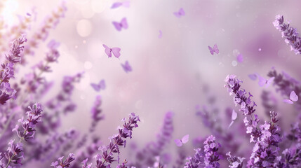Fototapeta premium Lavender flowers and small butterflies flying around, with soft focus purple in the background.