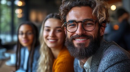 Fototapeta premium Man with beard and glasses smiles with two women
