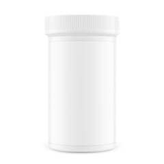 Dram pill bottle with lid mockup for drugs, probiotics, vitamins, supplements isolated on white background. Vector illustration. Mockup is ideal for health projects. EPS10.