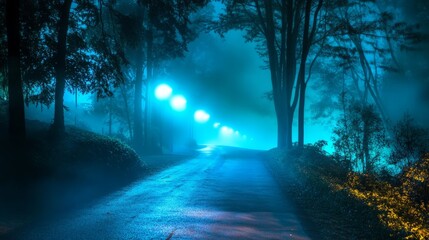 Serene nighttime road enveloped in fog, with streetlights emitting a tranquil mix of blue and green hues in the mist