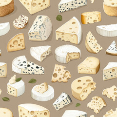 A seamless and playful cheese pattern featuring cheese holes and textures, creating a whimsical background for food enthusiasts.