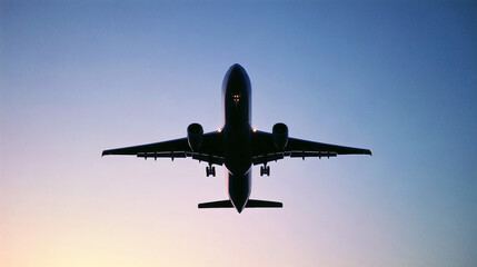 Naklejka premium Silhouette of a commercial airplane in flight against a sunset sky