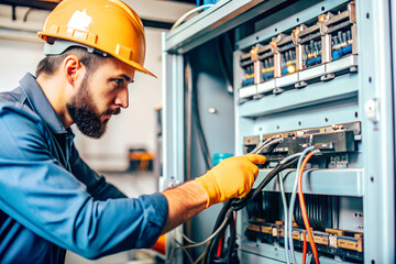 Electrician man in overalls, overalls and hard hat, working near electrical panel, electrical diagnostics, troubleshooting
