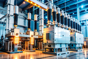 Interior view of a large automated modern power plant with energy storage units, production system or industrial plant building