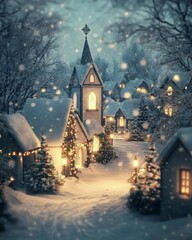 Snowy Christmas Village with Church in Winter Scene