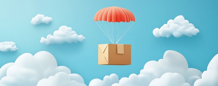 A Box flying on a parachute with pink cloud,vector illustration of package flying down from sky and cloud with parachute, concept for delivery service,shopping online,air delivery service.