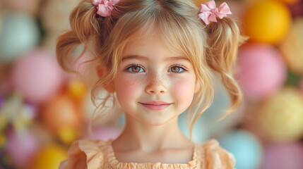 Little Cute Girl on a Festive Pastel Background cheerful, childhood