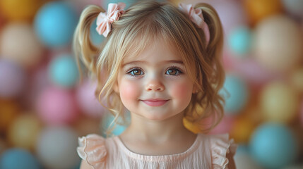 Fototapeta premium A smiling girl wearing a colorful rainbow dress, surrounded by soft pastel balloons.