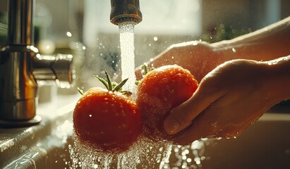 A person is washing tomatoes under the water tap in their kitchen sink, with other vegetables nearby and splashes of clean water around them