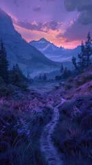 Breathtaking mountain landscape with a winding trail through a serene meadow bathed in the warm glow of a dramatic dreamlike sunset sky  This enchanting outdoor scene evokes a sense of tranquility