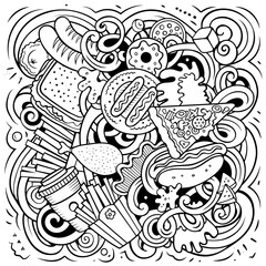 Fastfood vector doodles illustration. Fast food design. Unhealthy food elements and objects cartoon background