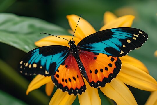 Close-up of an orange and blue butterfly with black dots, resting on a yellow petal of a flower in natural light.