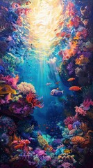 Stunning and Vibrant Underwater Coral Reef Scene Filled with Diverse Marine Life and Mysterious Glowing Light Beams Creating a Fantastical and Breathtaking Aquatic Landscape