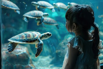 A child's joy at seeing fish and turtles in an aquarium