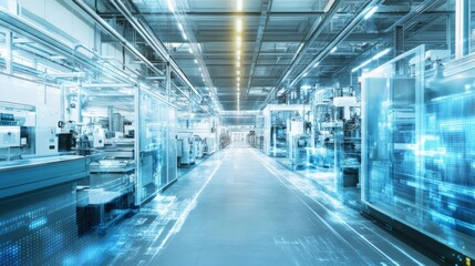 Fototapeta premium Cutting edge Industry 0 Smart Factory: Futuristic Interior with Advanced Automation Machinery, Robotics, and for Interconnected Innovation Engineering
