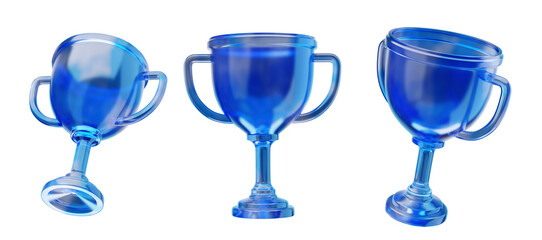 Three blue trophy cups, glass-like effect, isolated on a clean white background. Concept of awards, competition, and achievement. 3D Rendering.