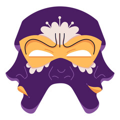 Carnival mask of Japanese warrior, samurai. Decorated masque for masquerade. Disguise accessory for face for Mardi Gras holiday. Venetian theater. Flat isolated vector illustration on white background