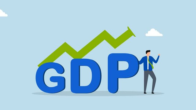GDP Gross domestic product, 4k animation of Businessman is seen standing next to a GDP sign and a rising graph and chart. 