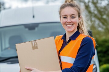 Smiling delivery person holding a cardboard box outside.