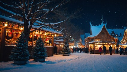A Charming Snowy Winter Night in a Decorated Neighborhood Features Holiday Lights Illuminating Cozy Homes, Creating a Festive and Peaceful Atmosphere Amidst Fresh 
