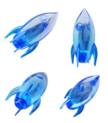 Four blue transparent rocket models isolated on a white background, 3D Rendering, representing innovation, startup ideas, and new business concepts