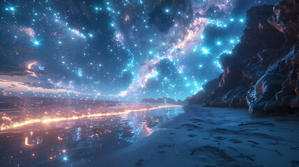 Enchanting Cosmic Beach Scene with Glowing Sand Beneath a Starry Sky and Vibrant Celestial Elements Reflecting on the Water